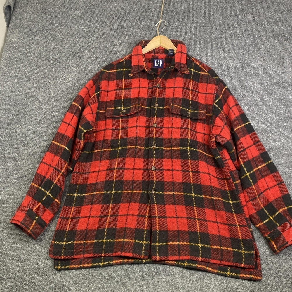 Vintage GAP Jacket Mens Large Red Black Plaid Wool Blend Flannel Button Up 90s